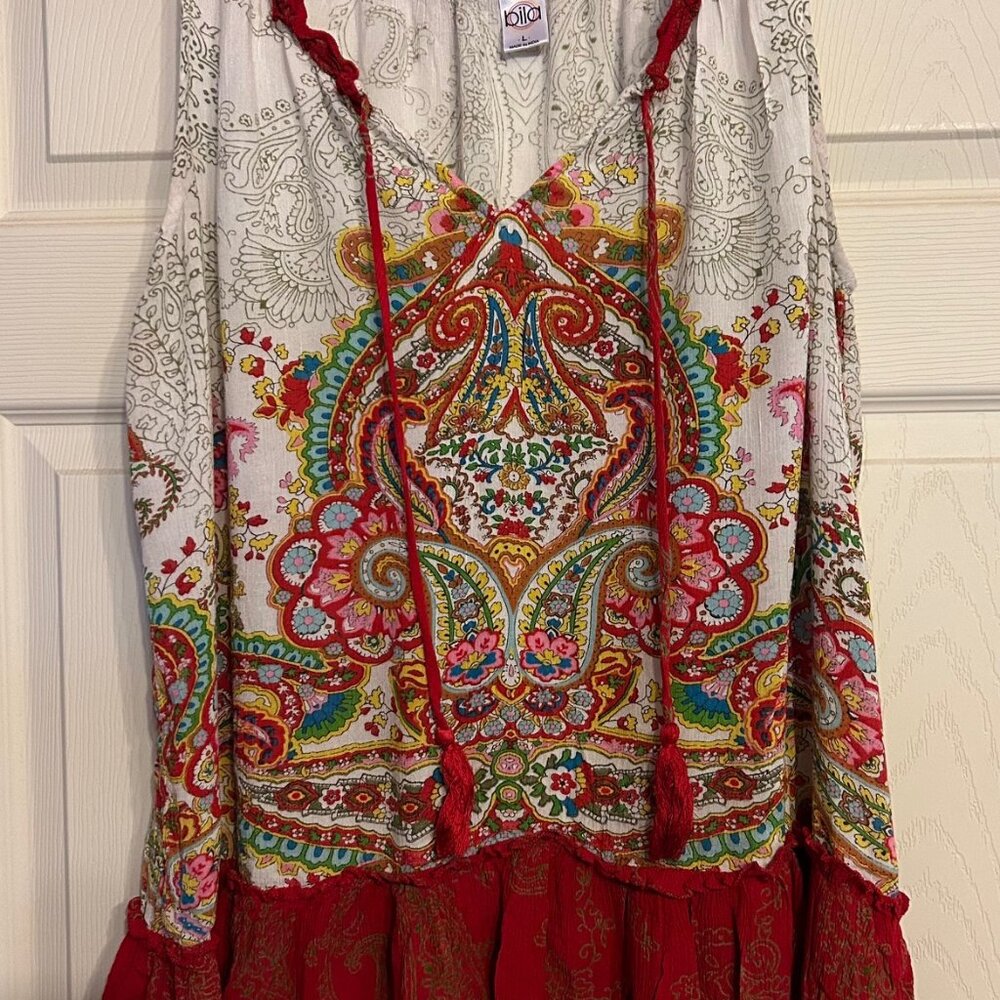 Cute Bila Multicolor Ruffle Bottom Blouse Boho Cottagecore Size L Tassels